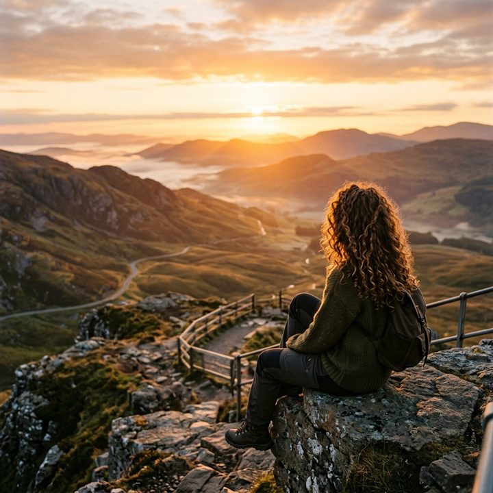 Woman looking out over a sunrise horizon from a mountain overlook