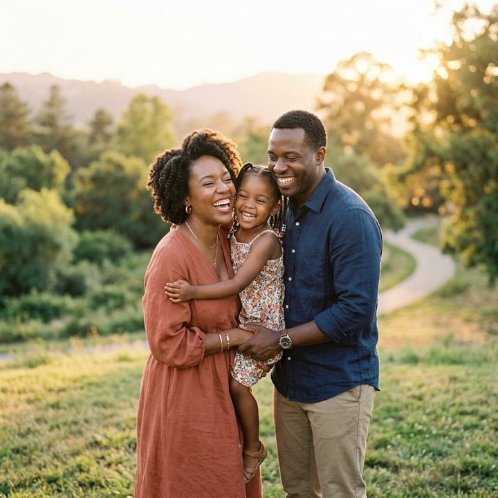 Parents embracing their daughter at golden hour