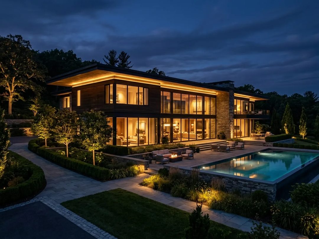 Luxury modern home glowing with warm light at dusk