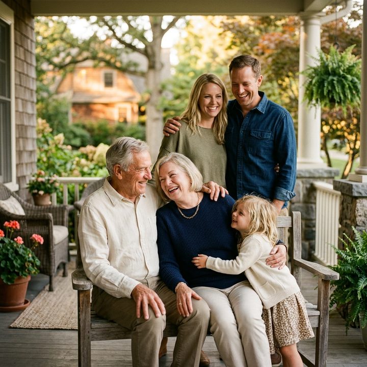 Three generations of a family laughing together on a porch
